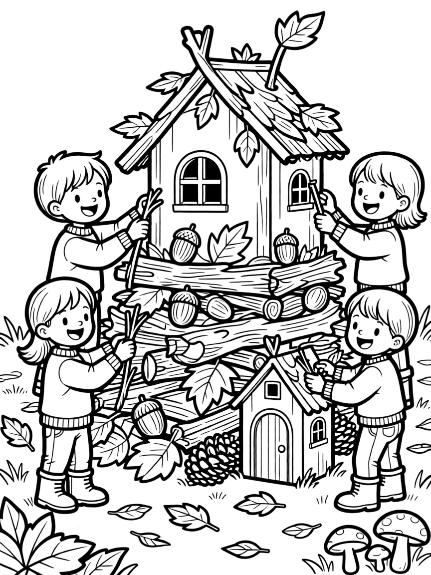 Children building autumn fairy houses with materials