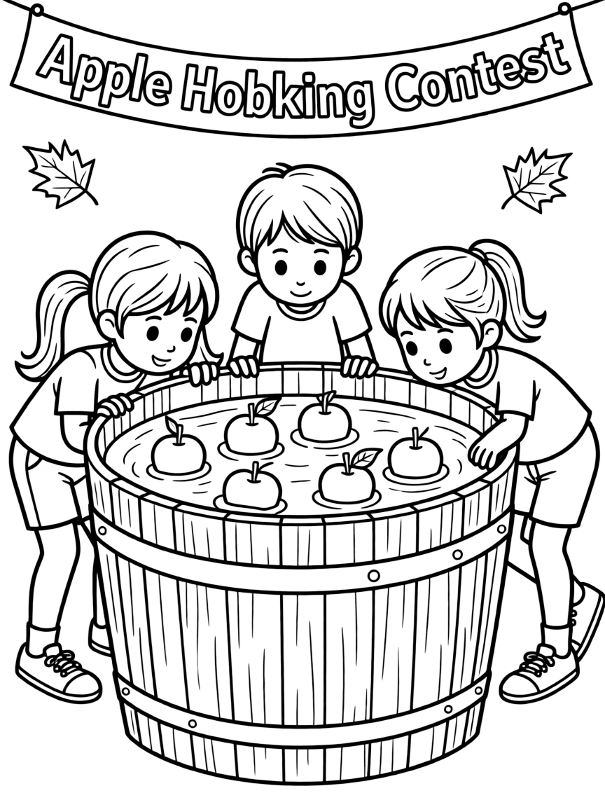 An autumn apple bobbing contest with participants