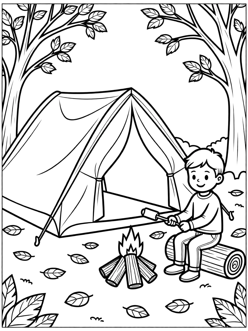 A fall camping scene with tent and campfire