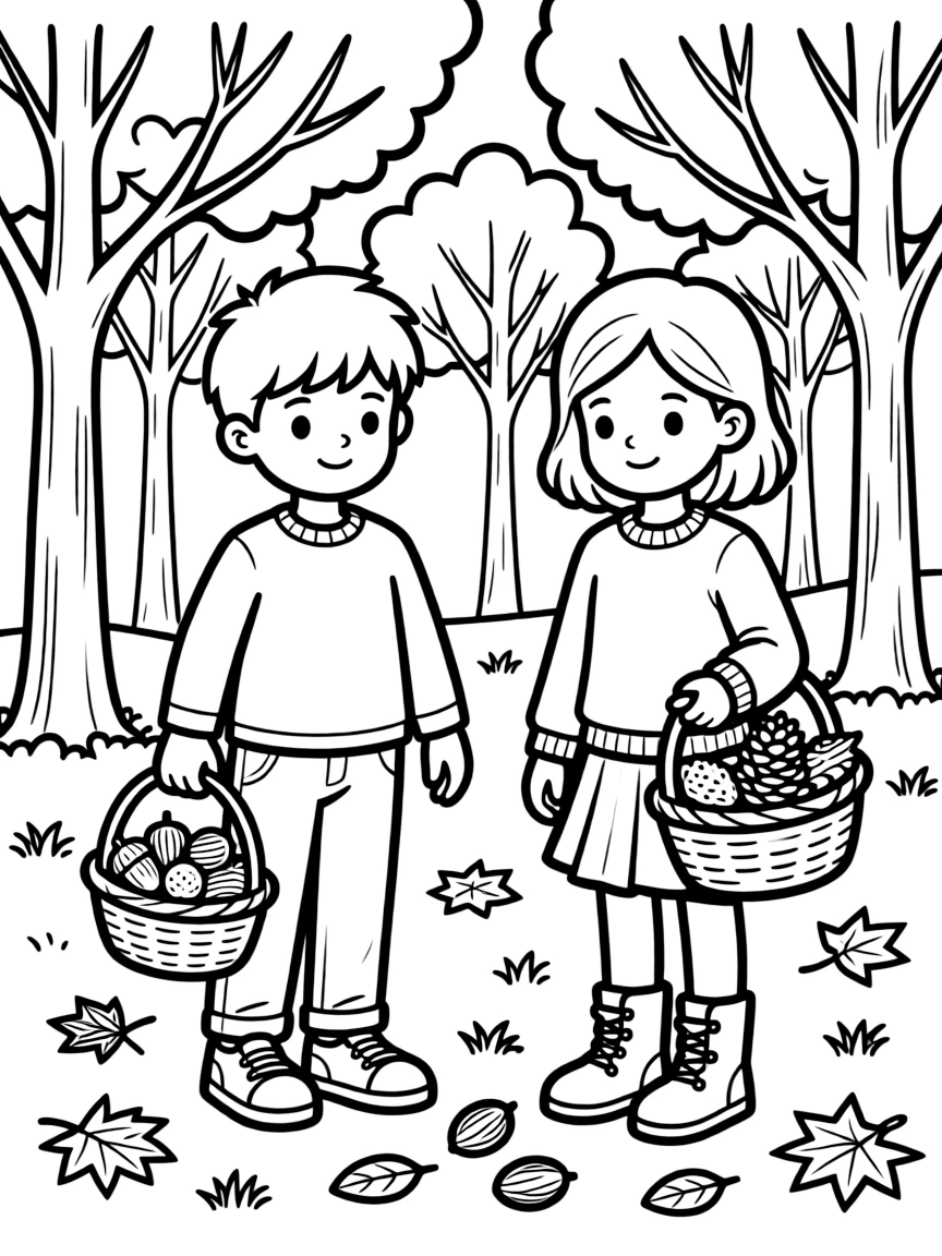 Children collecting autumn tree seeds of different types
