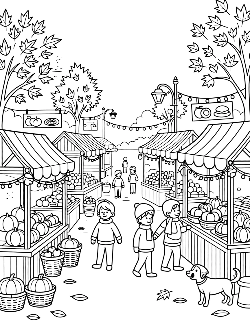 A detailed autumn market street with decorations