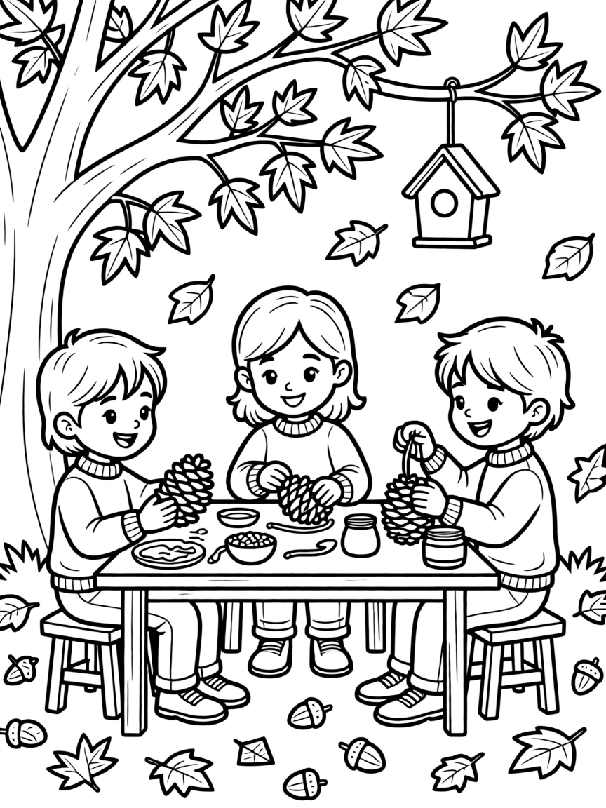 Children making autumn bird feeders with materials