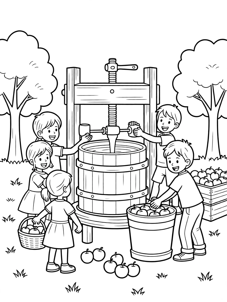 A detailed scene of people pressing cider