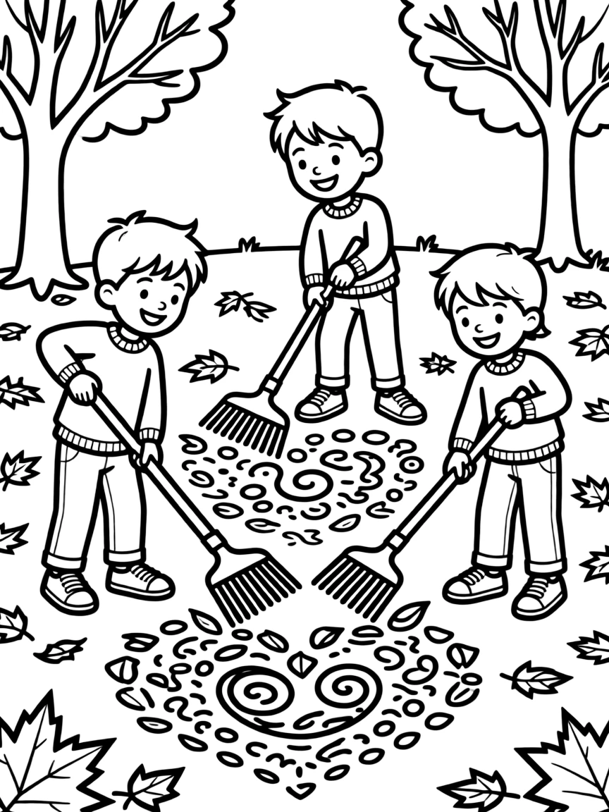 Children raking leaves into elaborate patterns