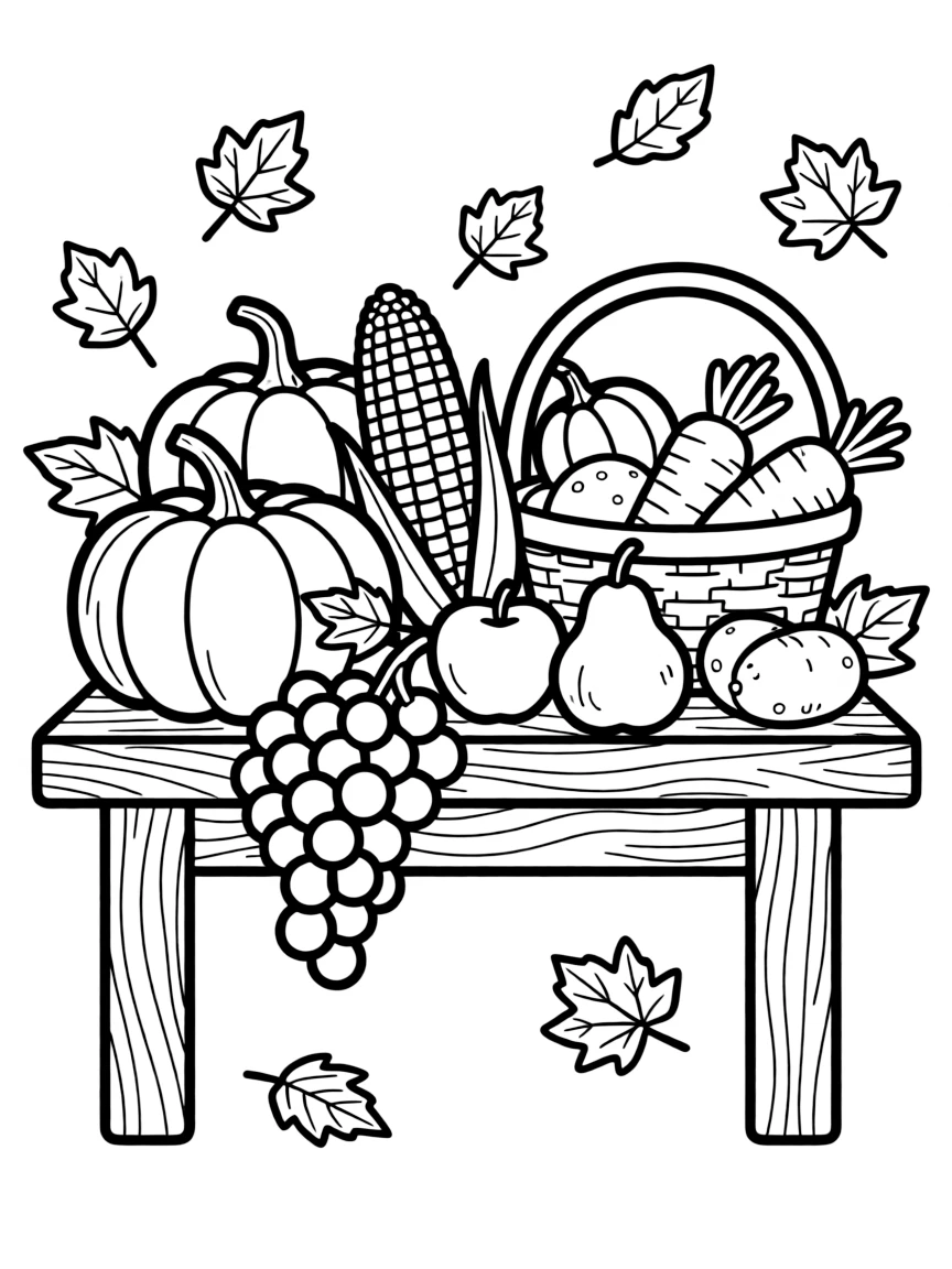 A detailed autumn harvest table with produce