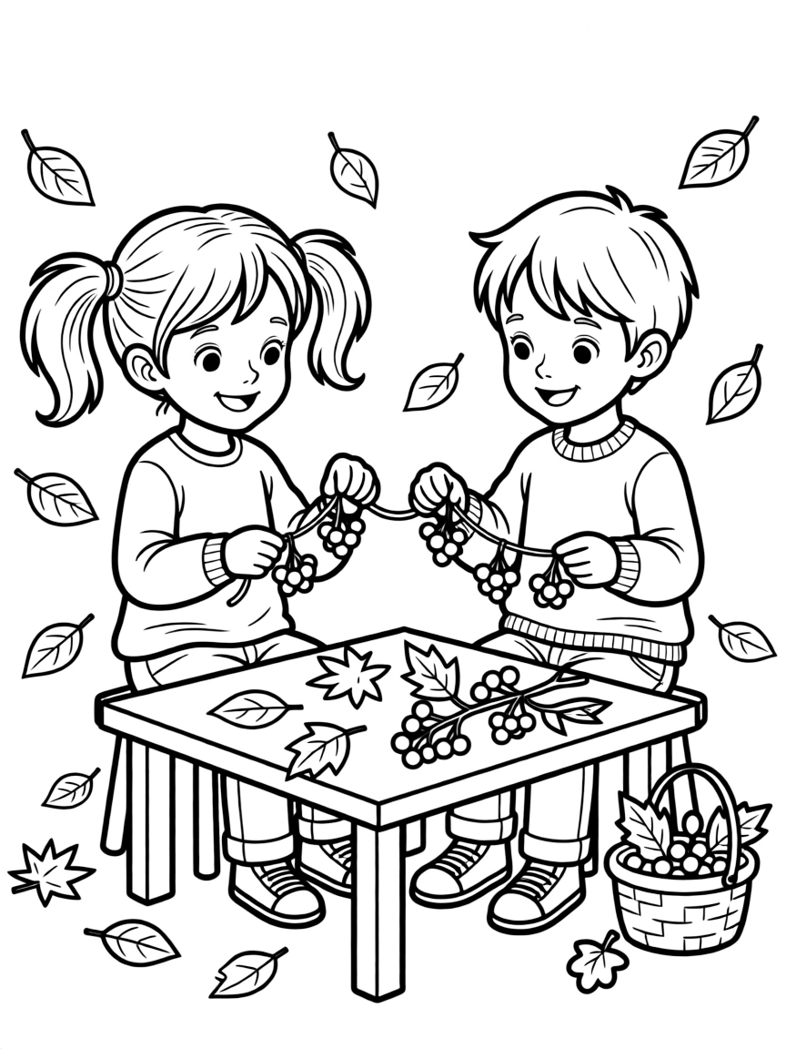 Children stringing autumn berries for decorations