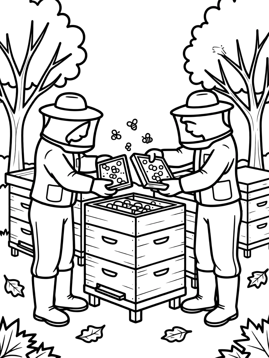 Fall beekeepers harvesting honey from hives