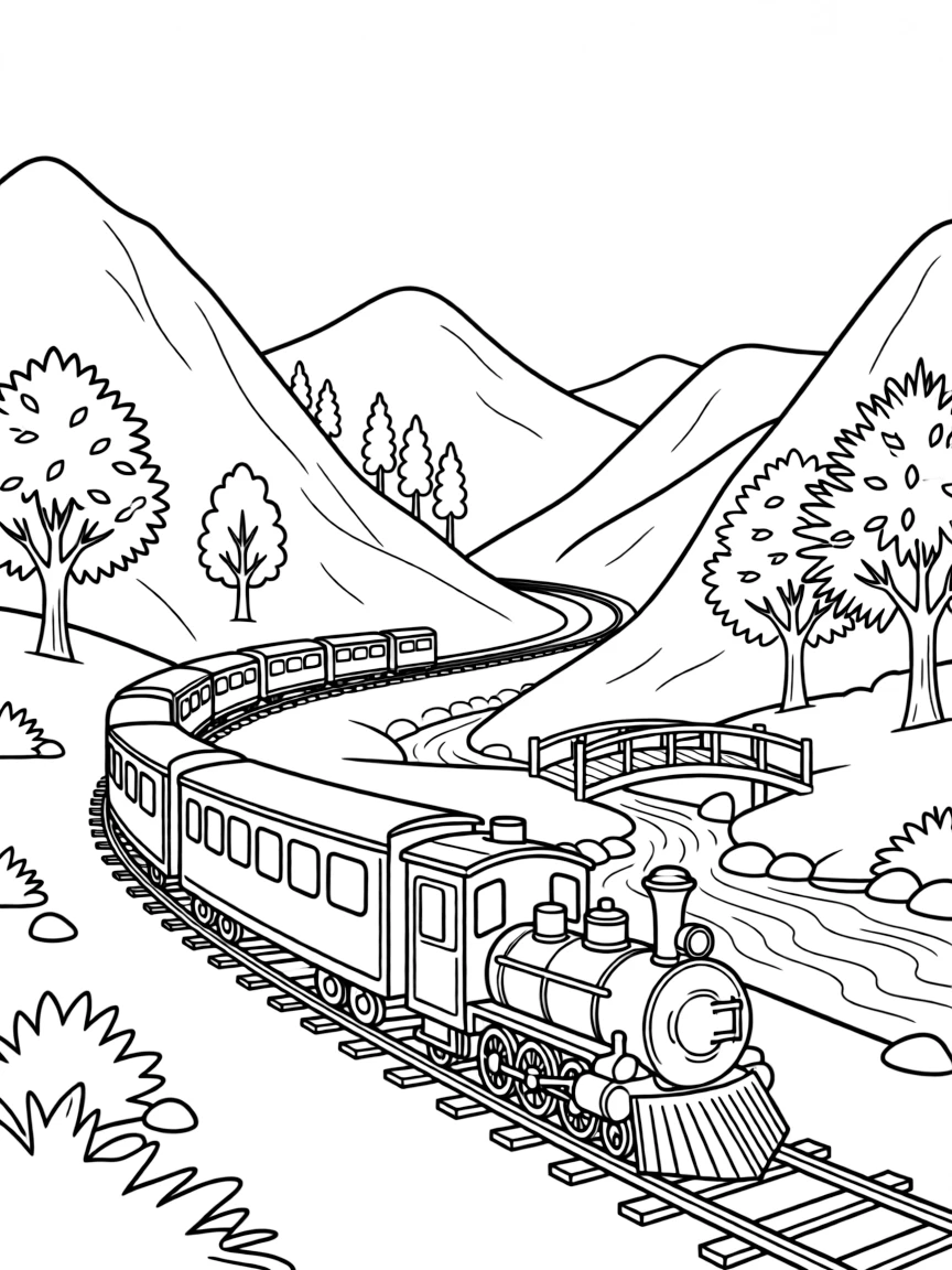 A detailed autumn train journey through mountains