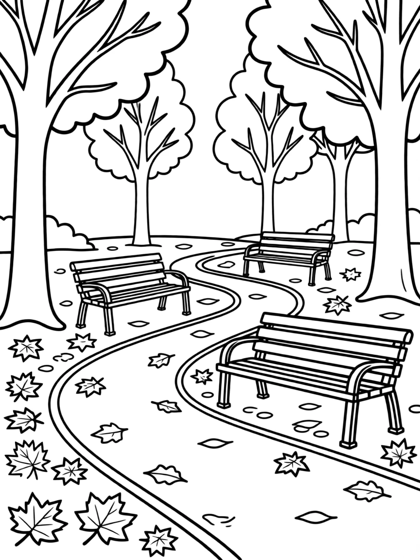 An autumn park with pathways and benches