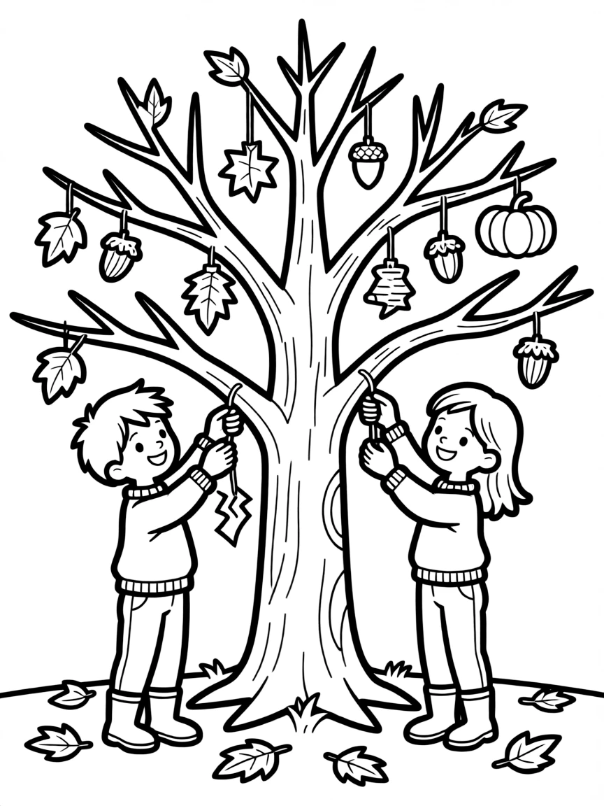 Children decorating an autumn tree with crafts