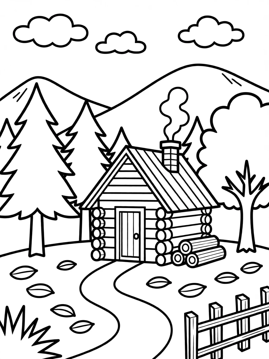 An autumn mountain cabin with smoke and scenery