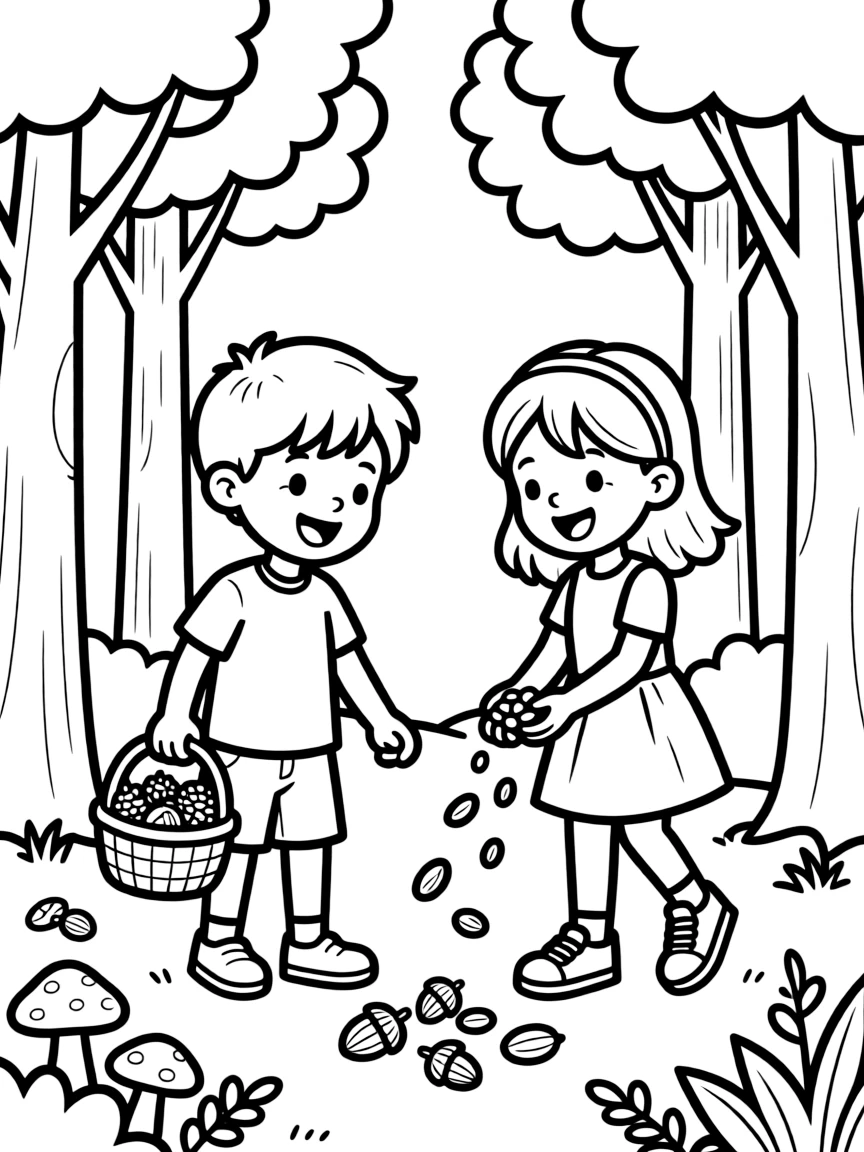 Children collecting nuts and seeds in the forest