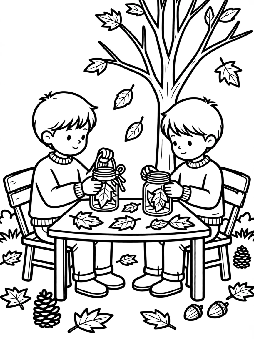 Children creating autumn luminaries with leaves