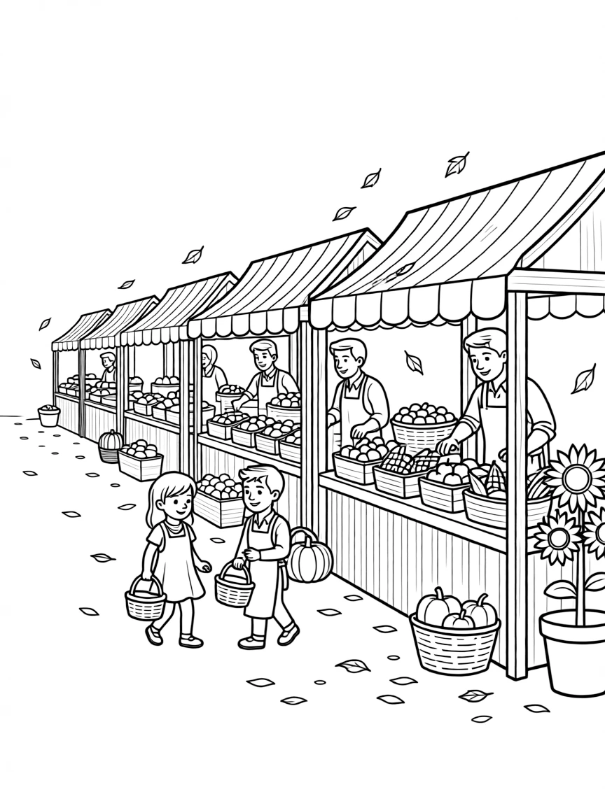 A detailed autumn farmers' market with stalls