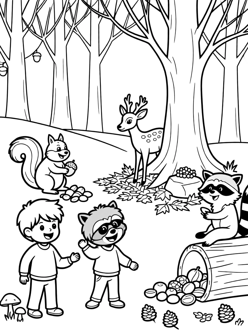 Fall forest animals with food caches and stores