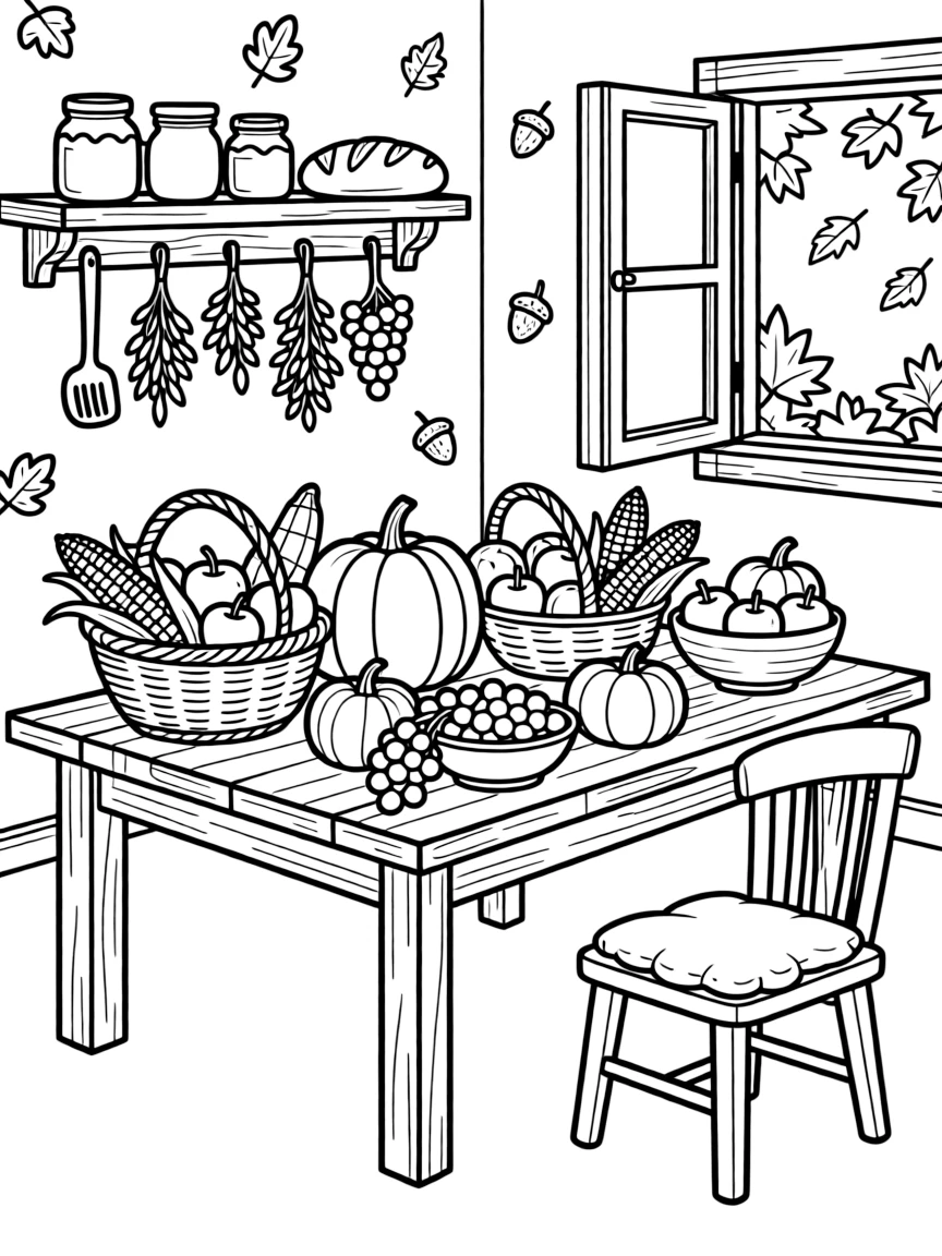 An autumn country kitchen with harvest foods