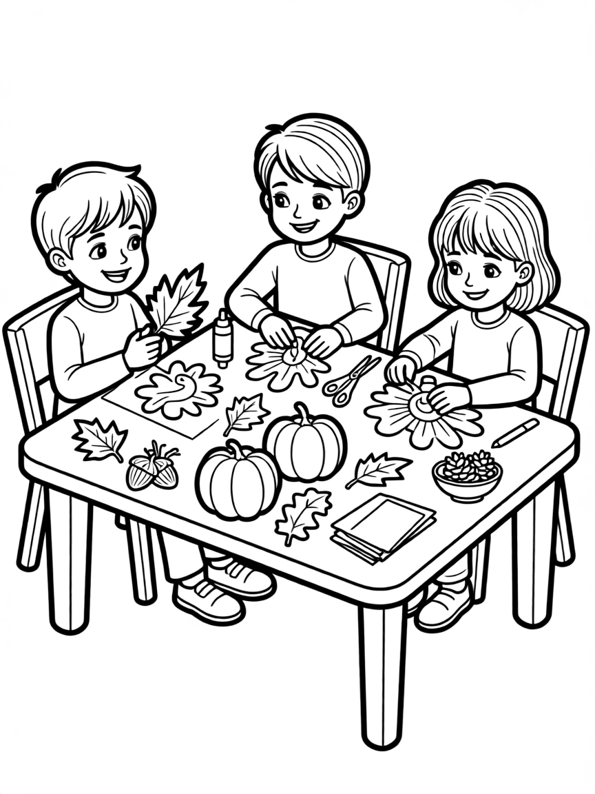 Children making autumn crafts at a table