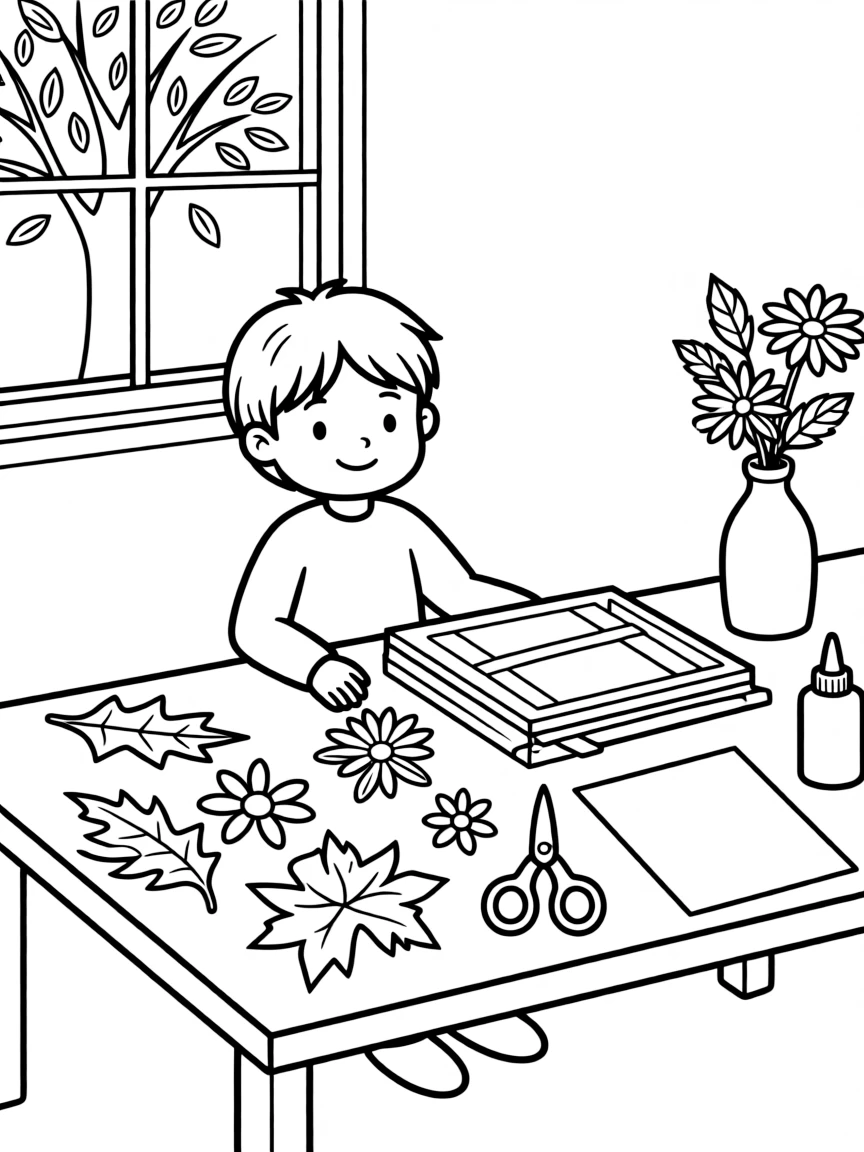 An autumn flower pressing scene with equipment