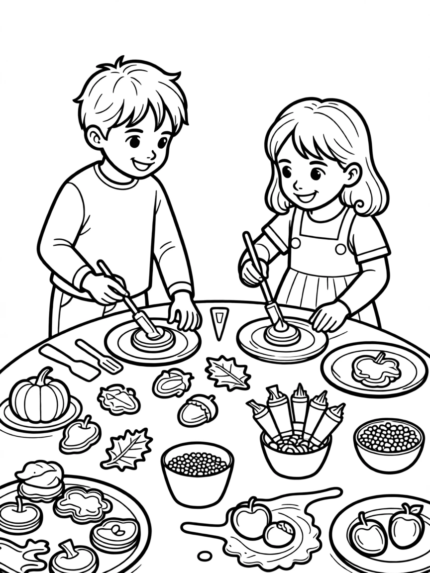 Children decorating autumn cookies and treats
