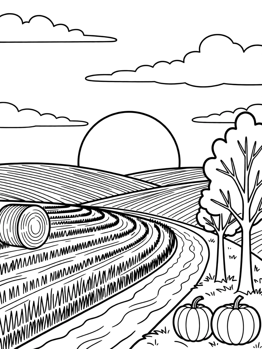 A detailed autumn sunset over harvested fields