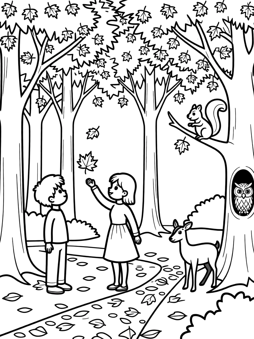 An autumn forest scene with wildlife and falling leaves