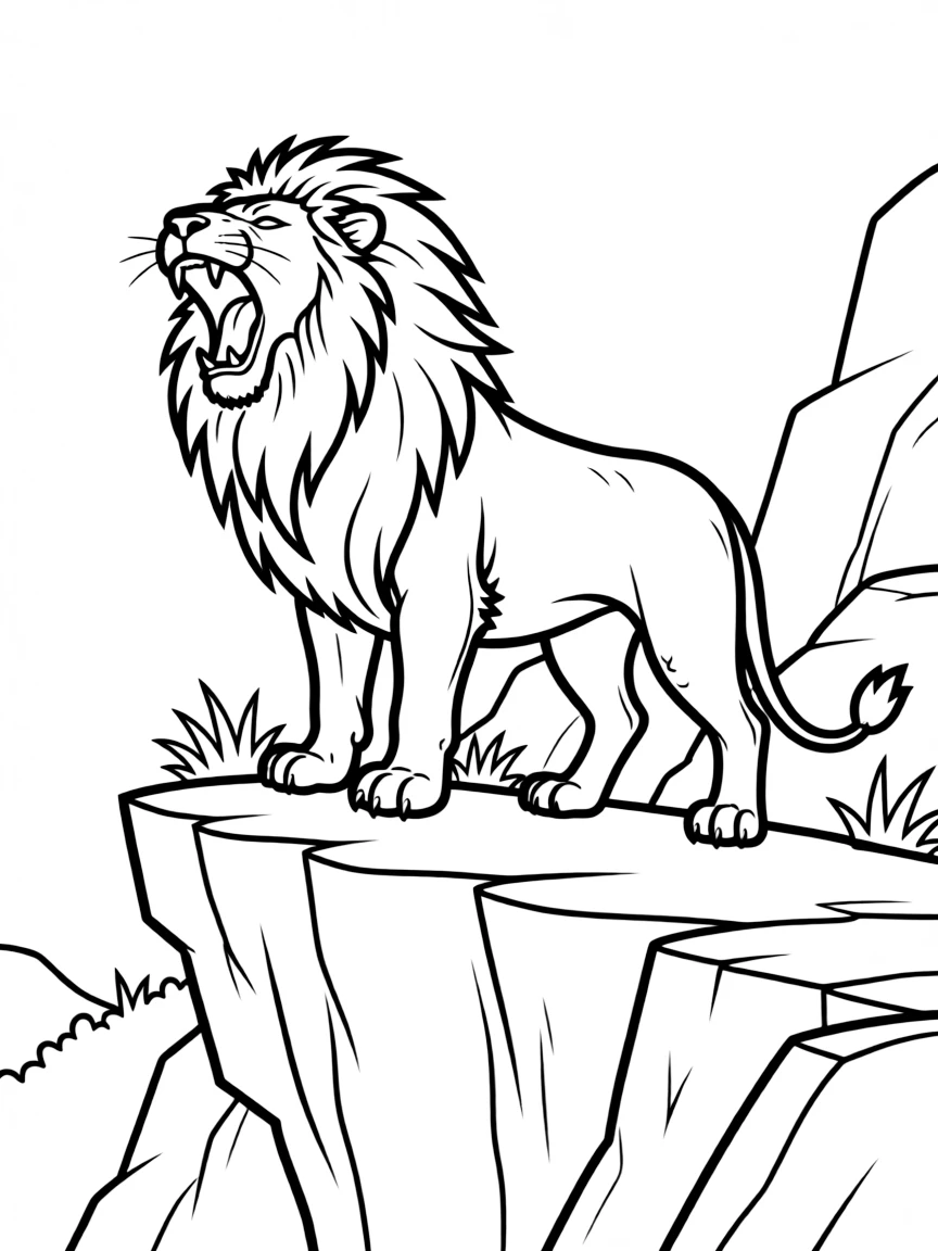 A majestic lion roaring on a rocky cliff  