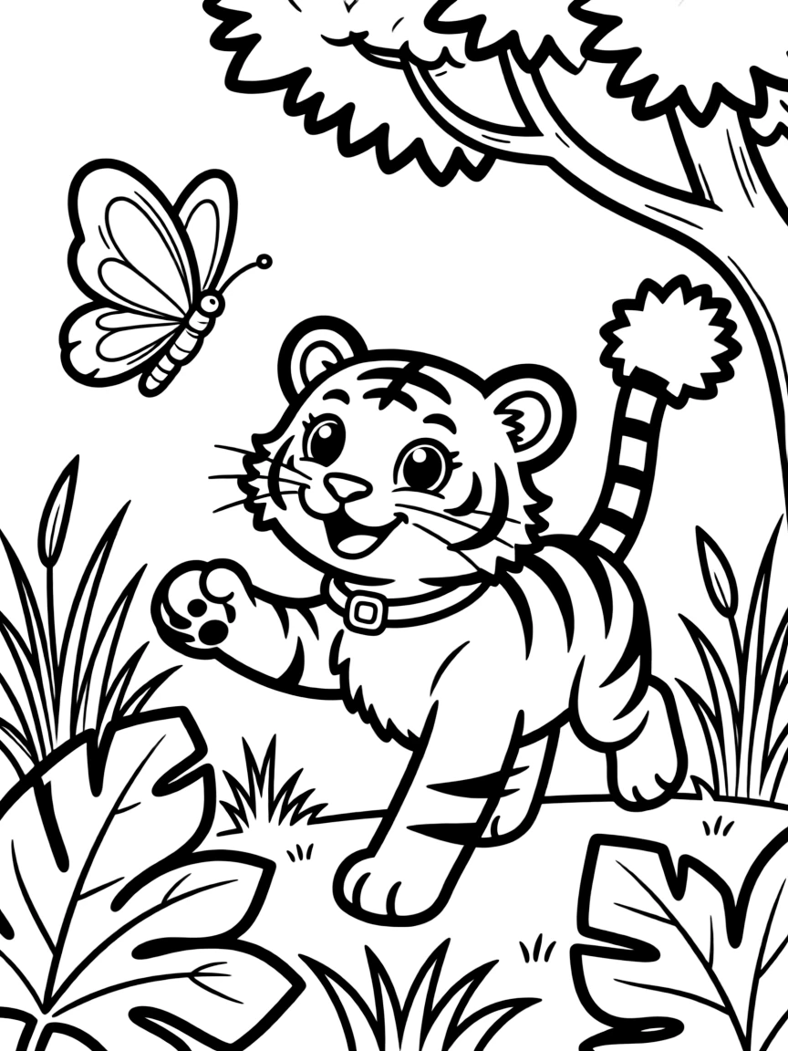 A playful tiger cub chasing a butterfly in the jungle  
