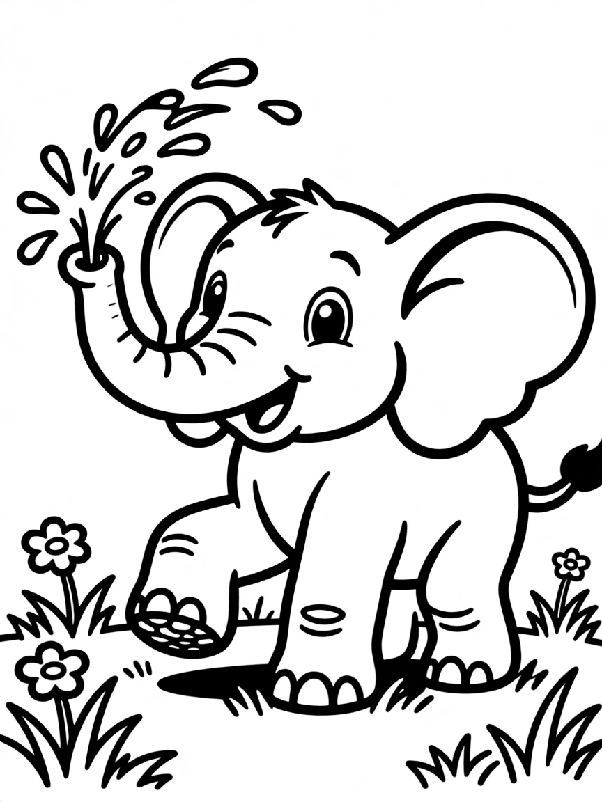 A curious elephant calf spraying water from its trunk  
