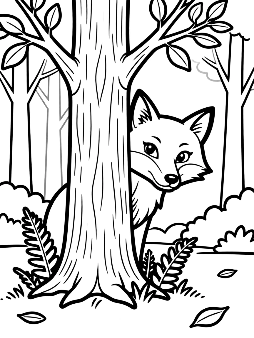 A sly fox peeking out from behind a tree in the forest  