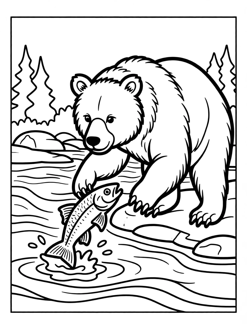 A grizzly bear catching a salmon in a rushing river  