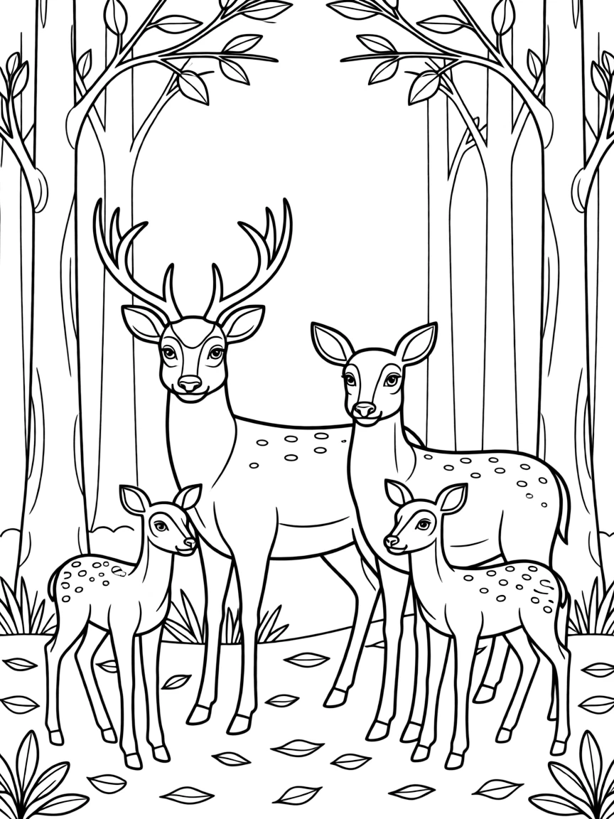 A family of deer standing in a misty forest  
