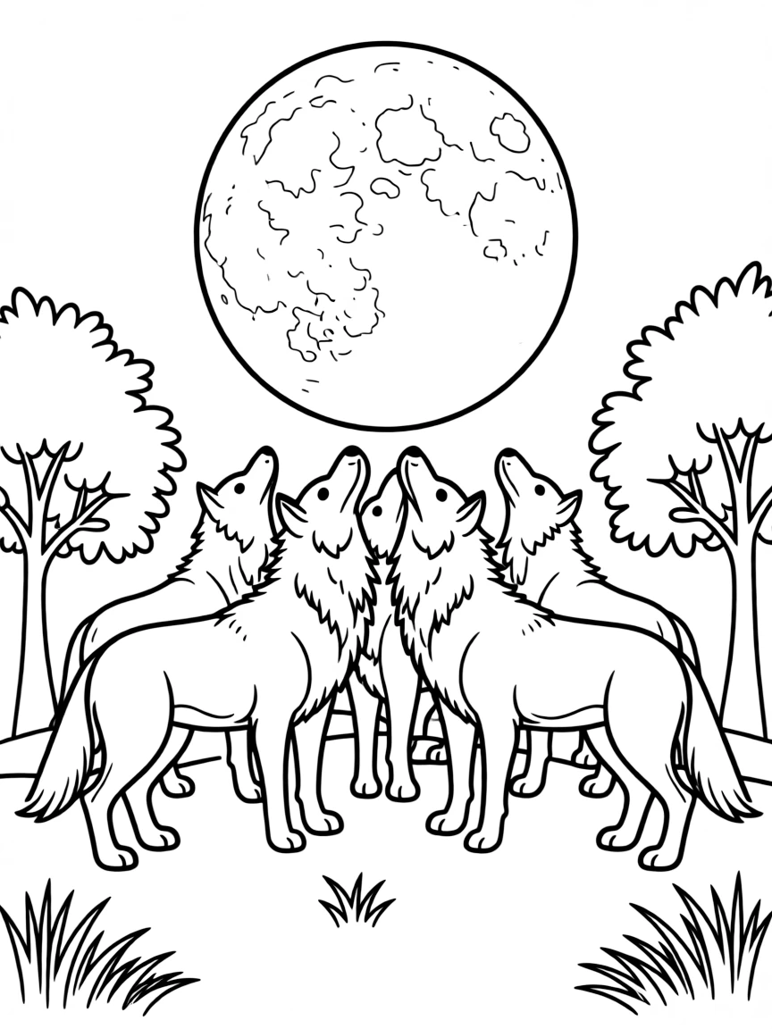 A pack of wolves howling under a full moon  