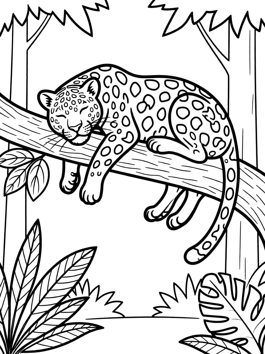 A jaguar resting on a tree branch in the rainforest  