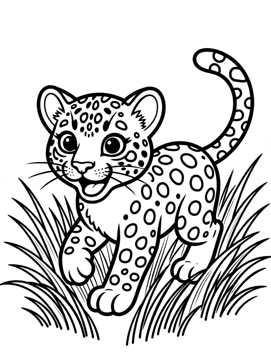 A leopard cub playing in the grass  