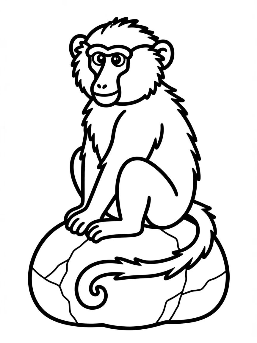 A baboon with a colorful face sitting on a rock  