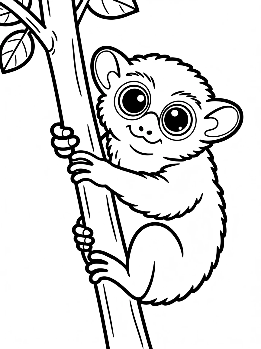 A tiny tarsier with large eyes clinging to a tree  