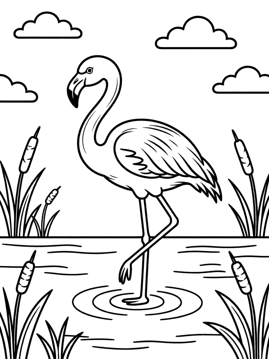 A flamingo standing on one leg in a lake  