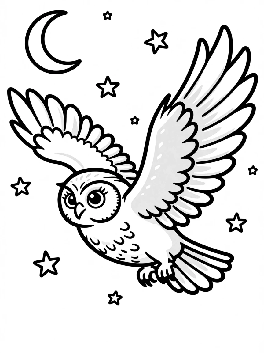 A snowy owl gliding through the night sky  