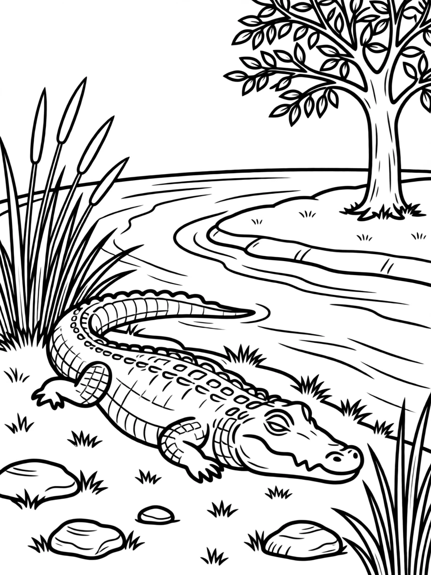 A large crocodile resting by the riverbank  