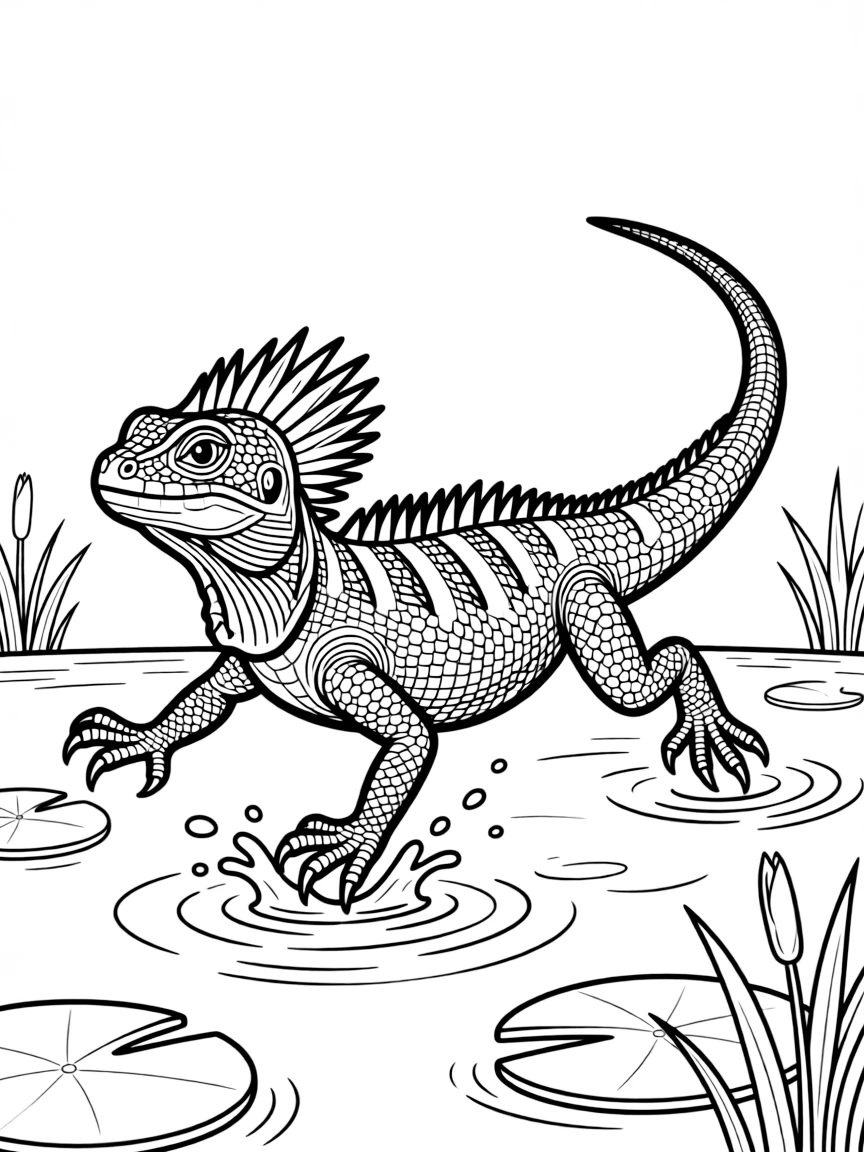 A basilisk lizard running across the water  