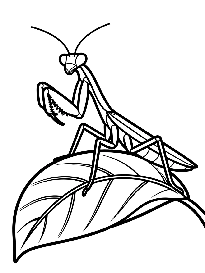A praying mantis poised on a leaf  