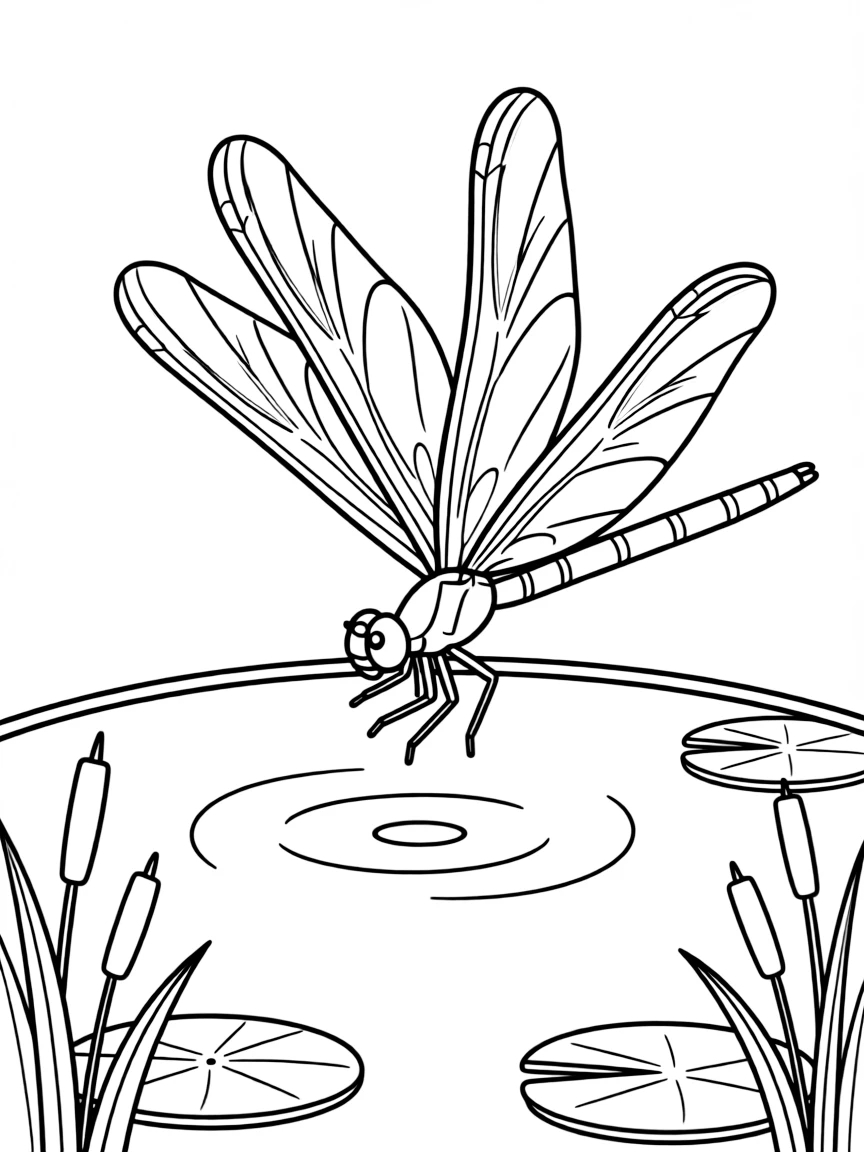 A dragonfly hovering over a pond  