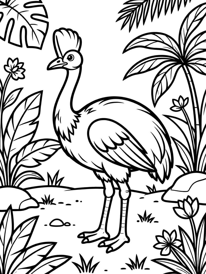 A cassowary standing in a jungle clearing  