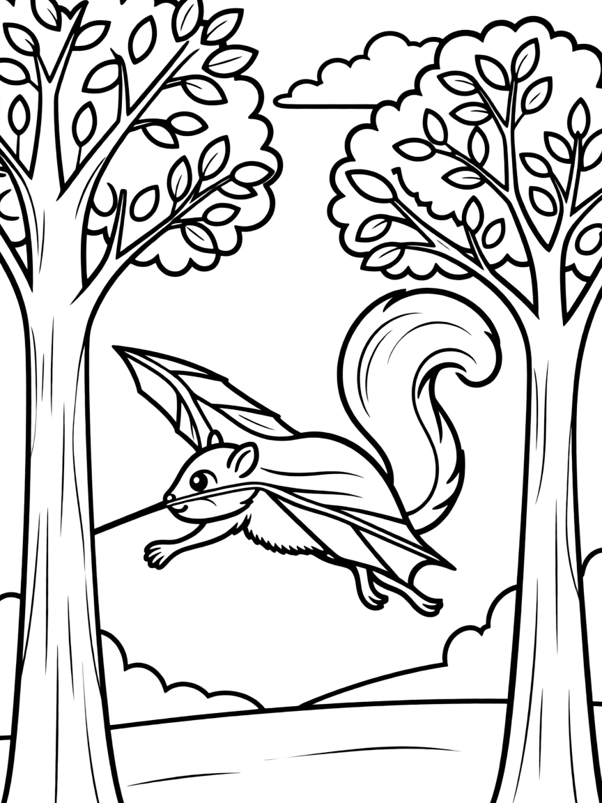 A flying squirrel gliding between trees  