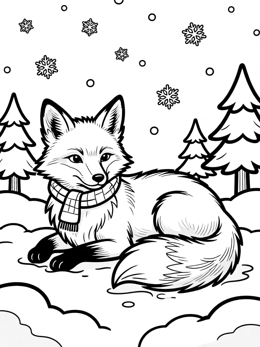 A snowy fox blending into the snow  