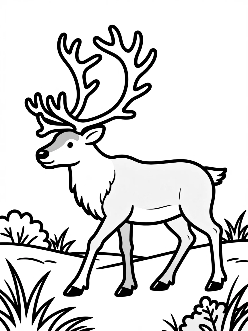 A reindeer with large antlers walking in the tundra  