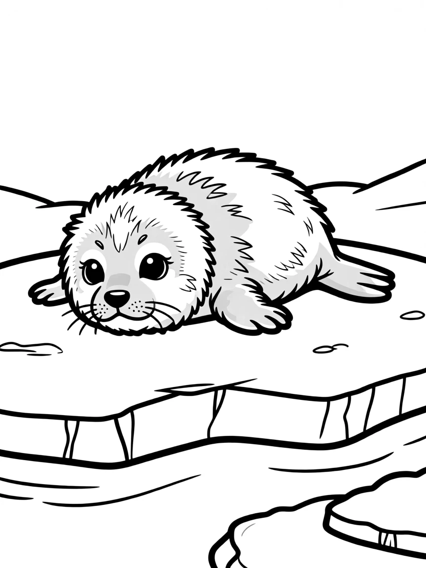 A harp seal pup lying on the ice  