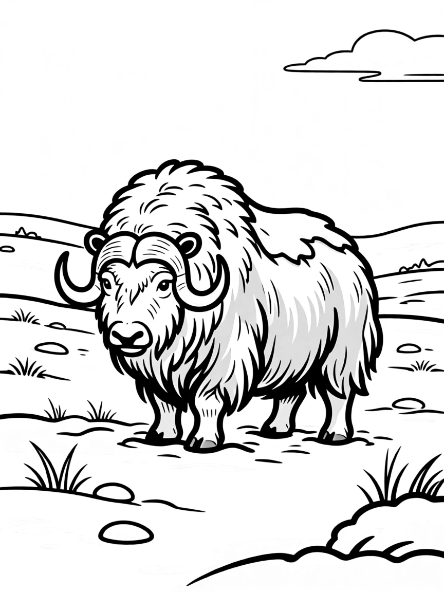 A musk ox standing in the snow-covered plains  
