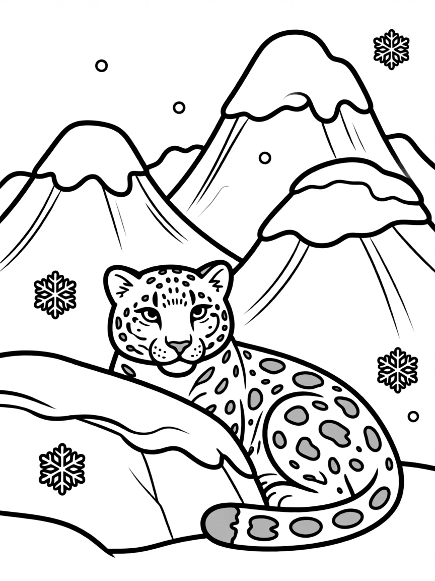 A snow leopard camouflaged against the snowy mountains  