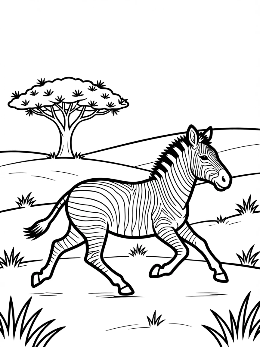 A zebra running across the African plains  